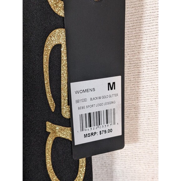 NWT Bebe Sport Logo Leggings Women’s Medium Black Sport Sparkling Gold Logo - Picture 3 of 10